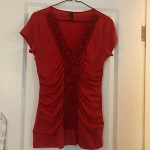 Maurices rouched and ruffled red v-neck top